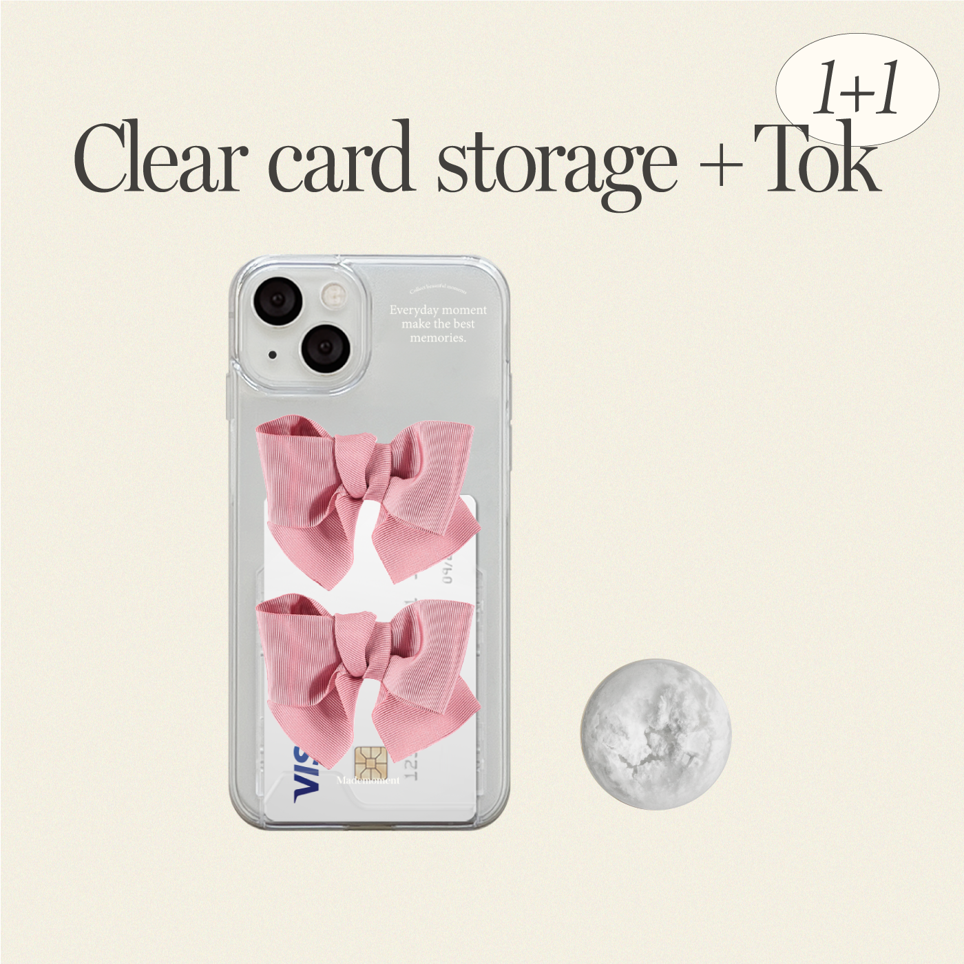 [1+1] 로맨틱 핑크리본 디자인 투명 카드수납 폰케이스(투 핑크 리본)+투명 클라우드 레진 아크릴톡
